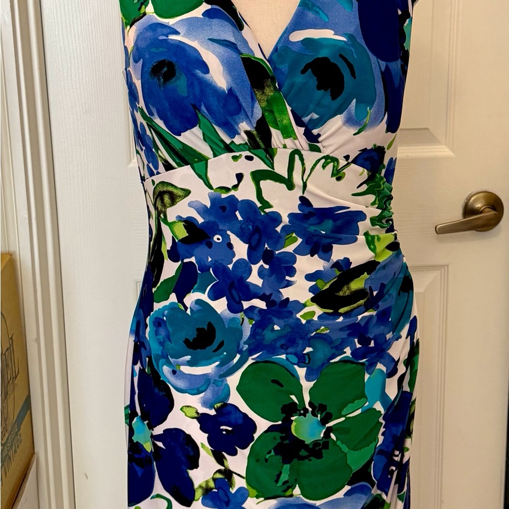 Lauren Ralph Lauren Blue, Green & White Floral Wrap-Style Midi Dress